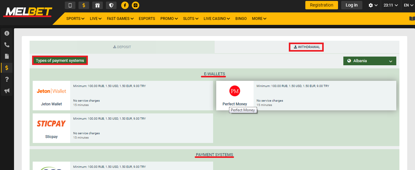 Melbet Méthodes de retrait